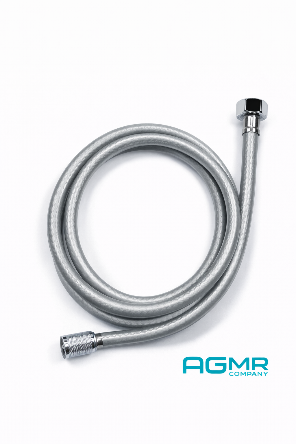 Silver flexible hose with metal fittings, coiled on a white background, with AGMR Company logo.