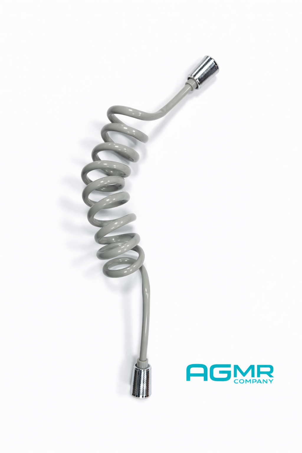 A coiled gray cable with metallic connectors at each end, lying on a white surface, with the blue logo of AGMR Company in the bottom right corner.