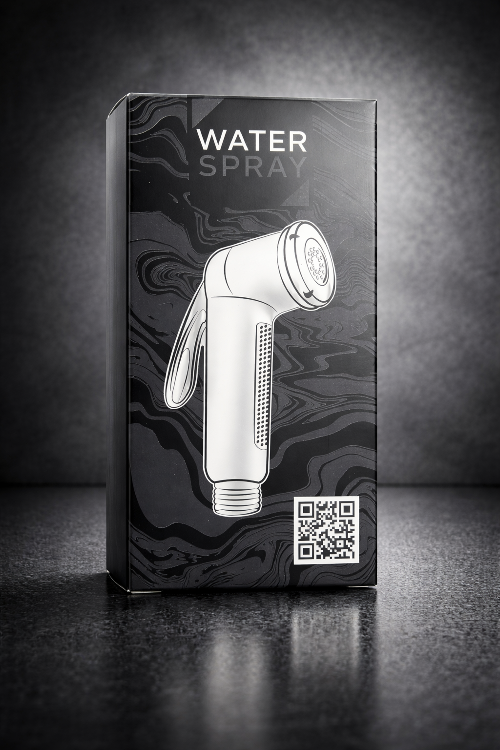 Black packaging box for a water spray device with a white line drawing of the product, a QR code at the bottom, and textured black background.