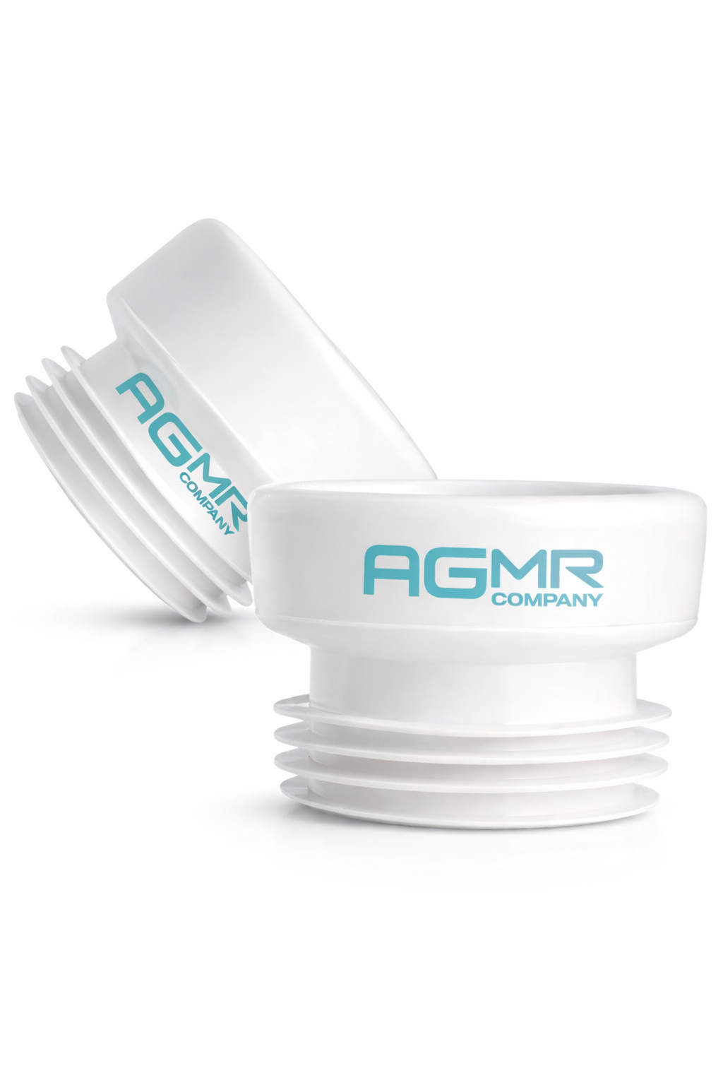 Two white plastic screw-on adapters with blue text 'AGMR COMPANY' on the side, positioned on a white background.