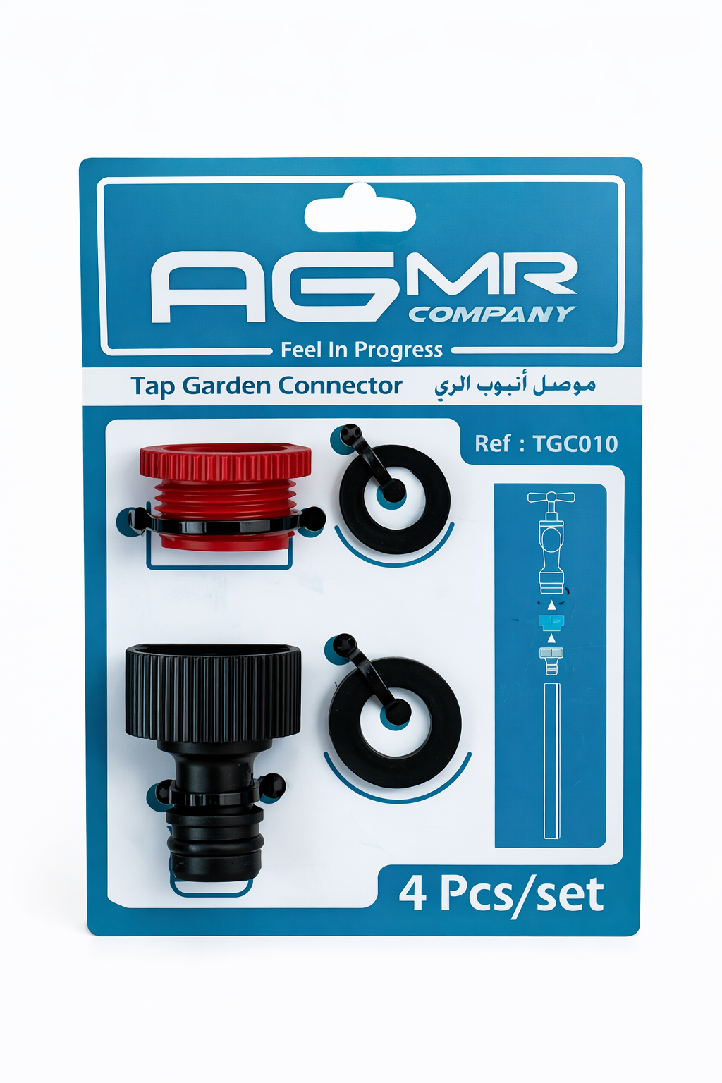 Package of four garden tap connectors, including a red and a black connector with attached valve handles.