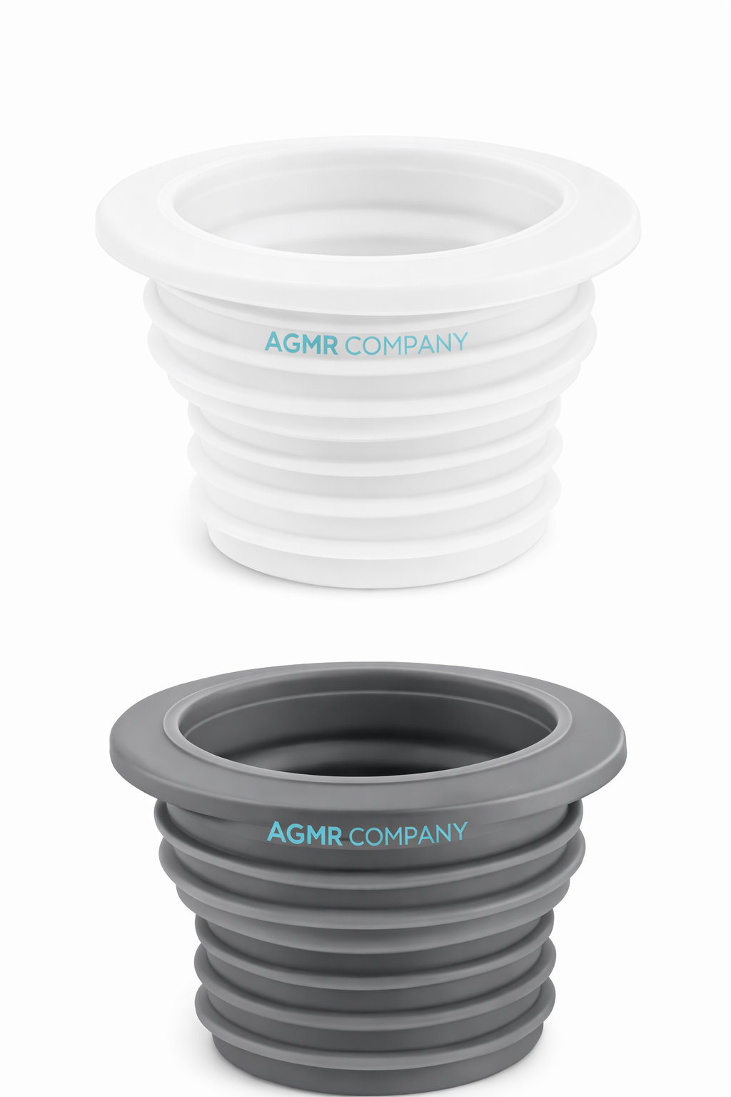 Two collapsible silicone cups, one white and one gray, with accordion-like sides and the text 'AGMR COMPANY' printed on them.