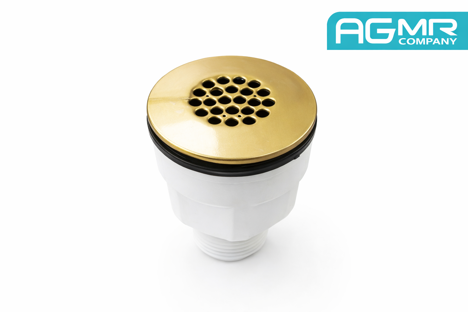 Plumbing drain filter with a gold-colored top and white body, labeled with the AGMR Company logo in the corner.