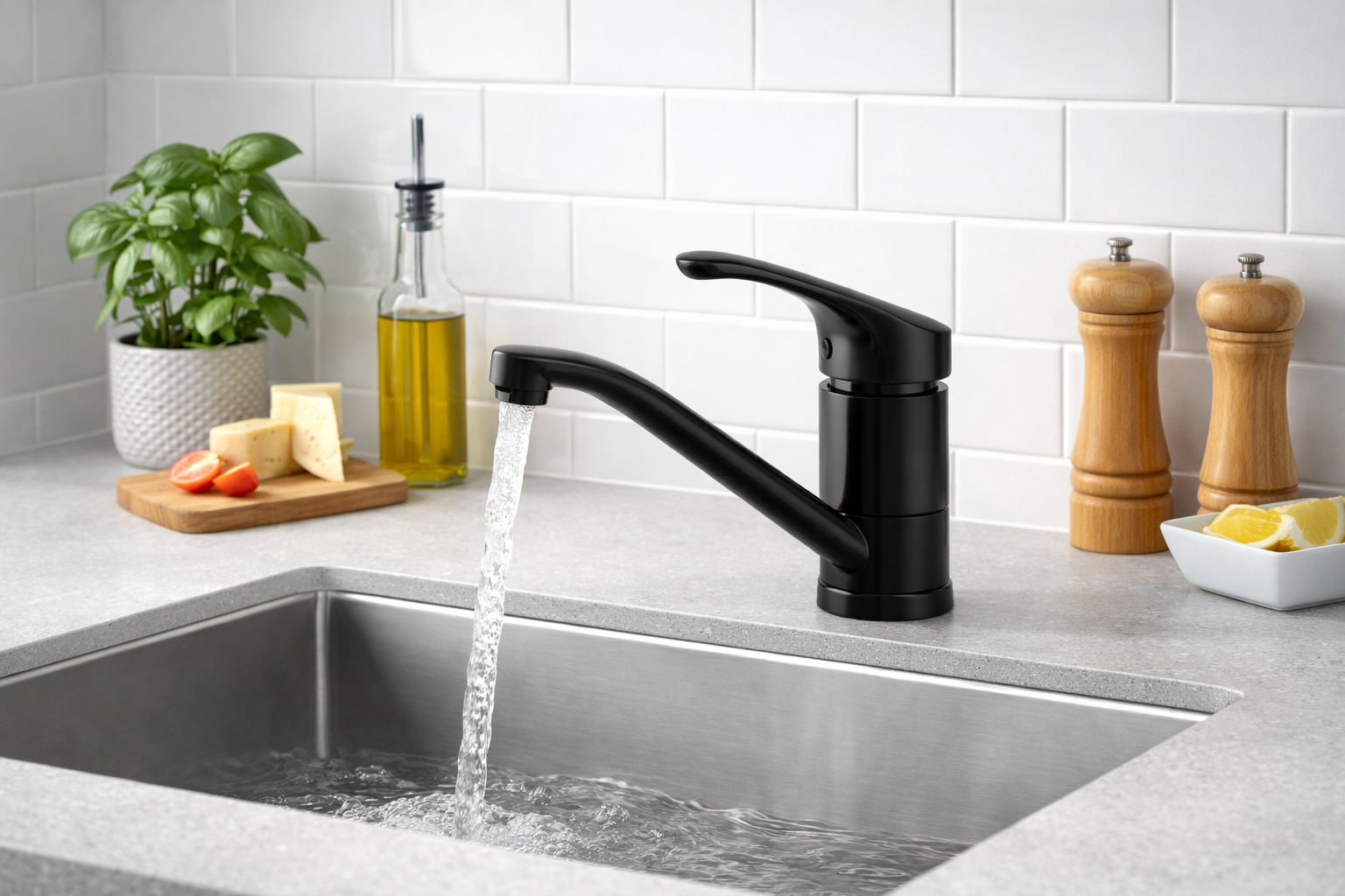 Black kitchen faucet running water over a sink with a white tiled backsplash, a potted basil plant, olive oil bottle, wooden salt and pepper shakers, a small bowl of lemon wedges, cheese, and cherry tomatoes.