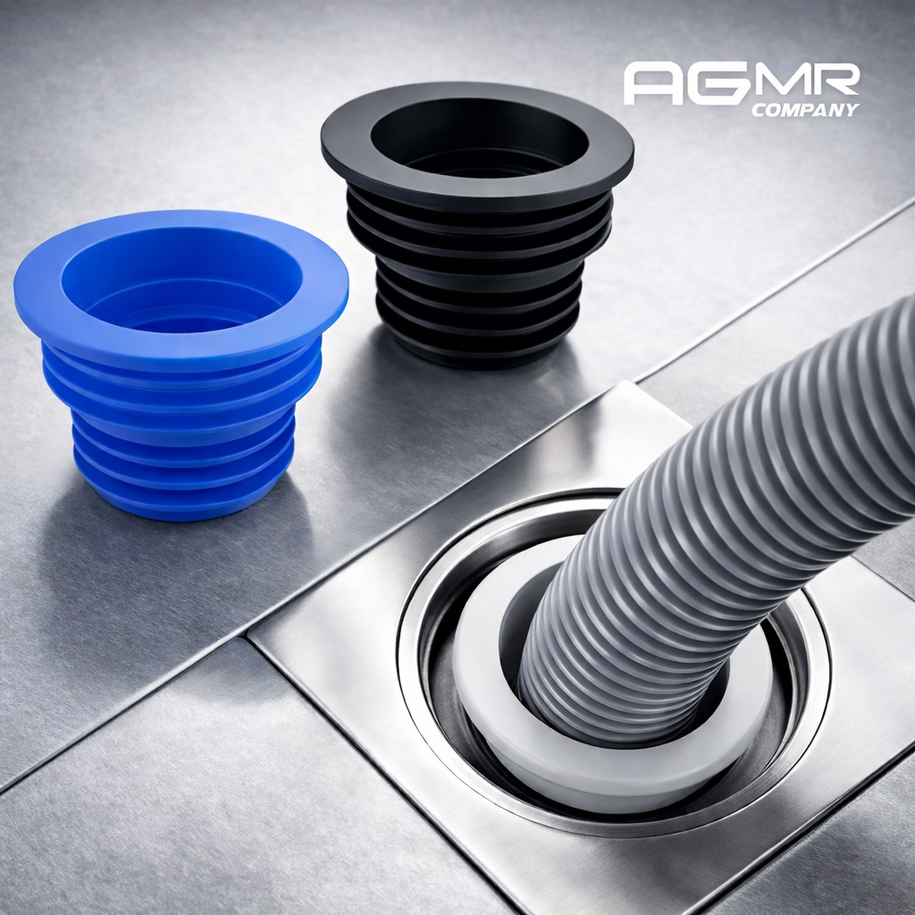 A flexible gray hose connected to a metal drain in a stainless steel sink. Two rubber drain gaskets, one blue and one black, are placed on the countertop beside the drain.