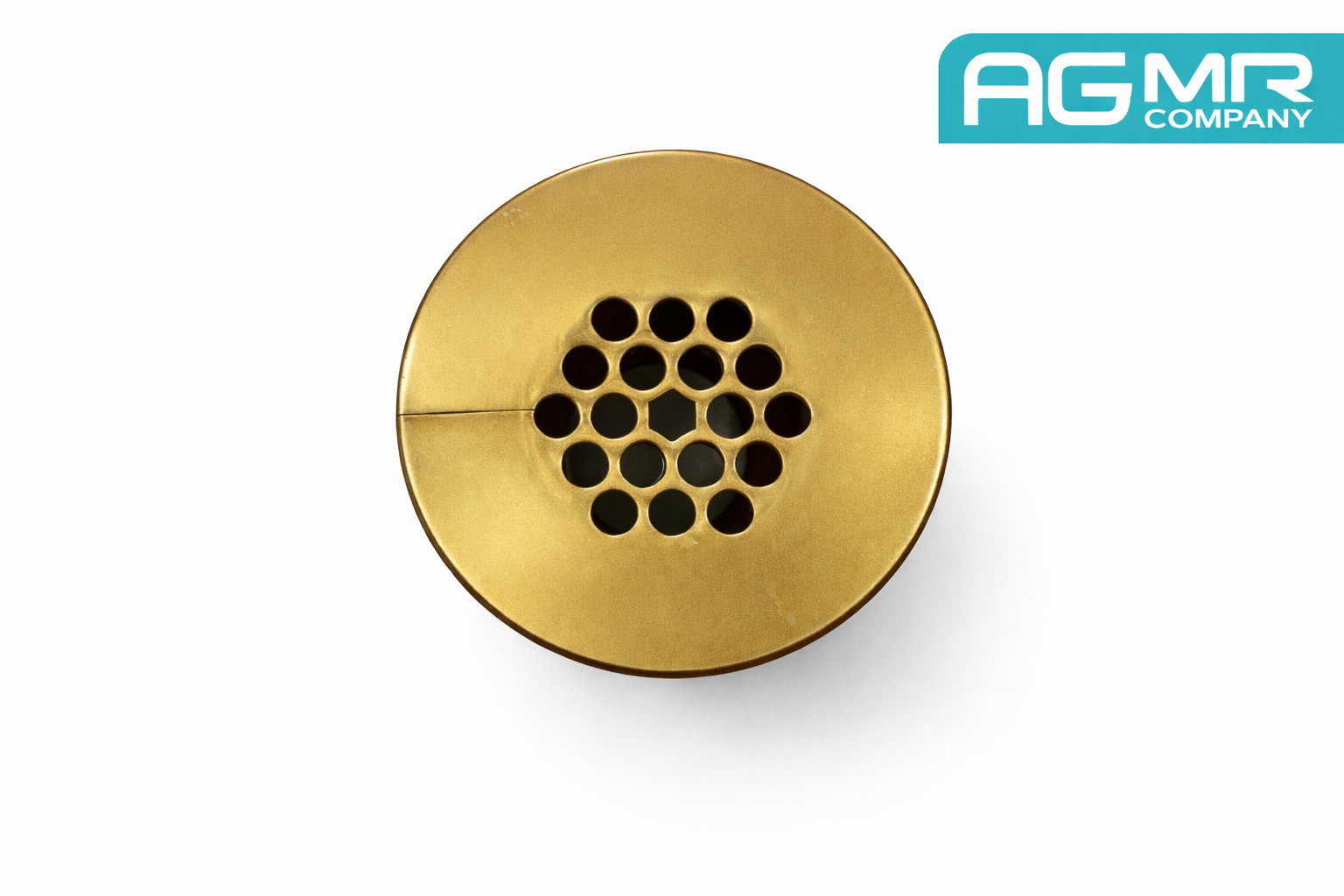 Top view of a brass honey extractor with a circular grid of holes in the center, on a white background, with the AGMR Company logo in the top right corner.