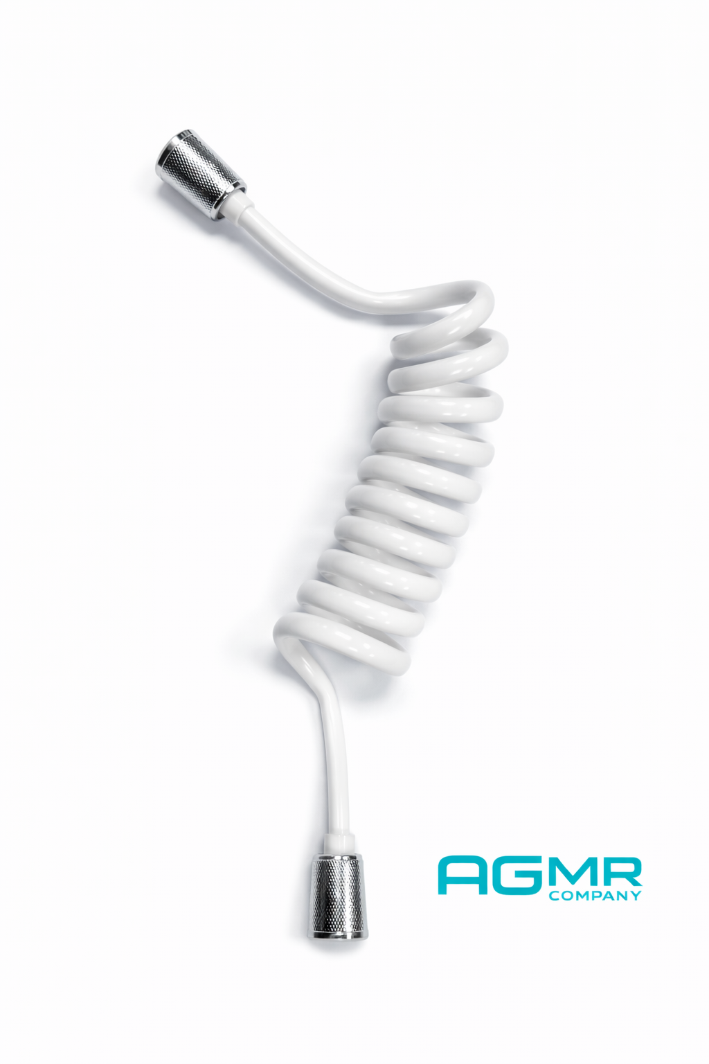 A coiled white cable with metal connectors on both ends and the logo 'AGMR Company' in blue text.