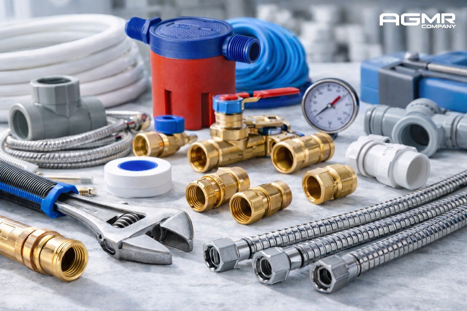 Assorted plumbing tools and parts, including pipes, fittings, hoses, a wrench, gauges, and a valve.