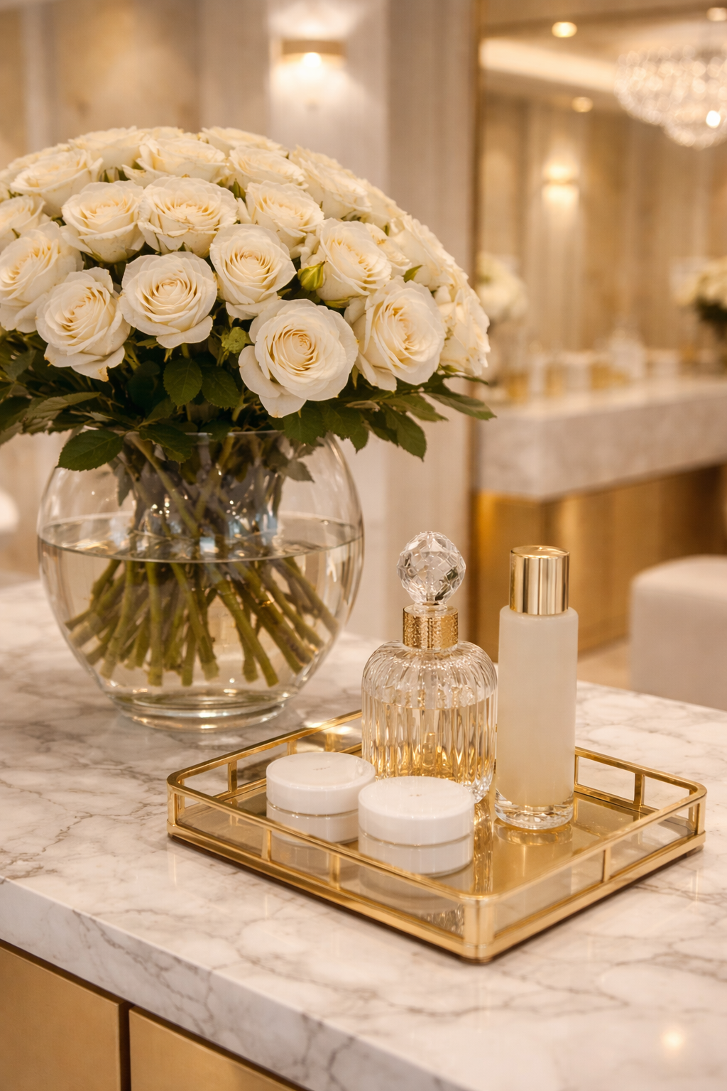 En stor vas med vita rosor på ett marblebord och en guldfärgad bricka med parfymflaskor och ljus.