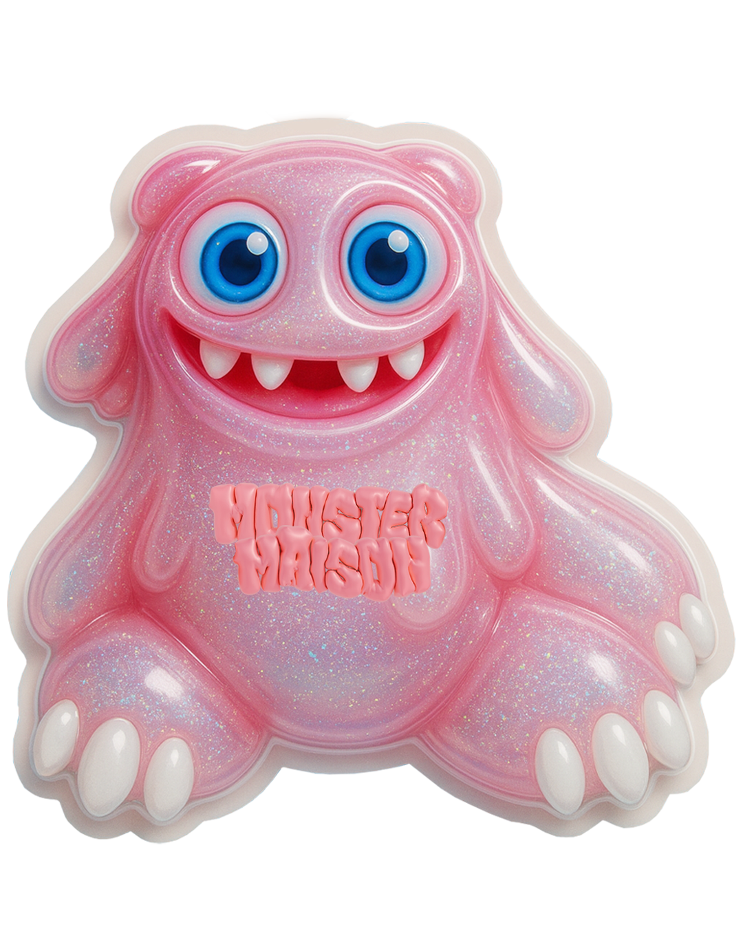 Pink glittery monster embroidered socks with blue eyes, white teeth, and a happy expression. The soap has the words 'MONSTER MAISON' in pink letters on its body.