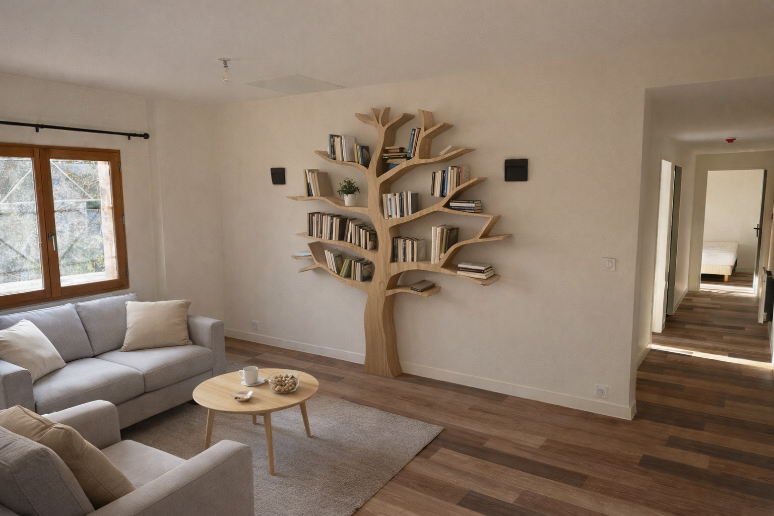 Salon moderne avec canapé gris, table basse ronde en bois, étagère en forme d'arbre avec des livres, et une vitre avec vue sur la nature.
