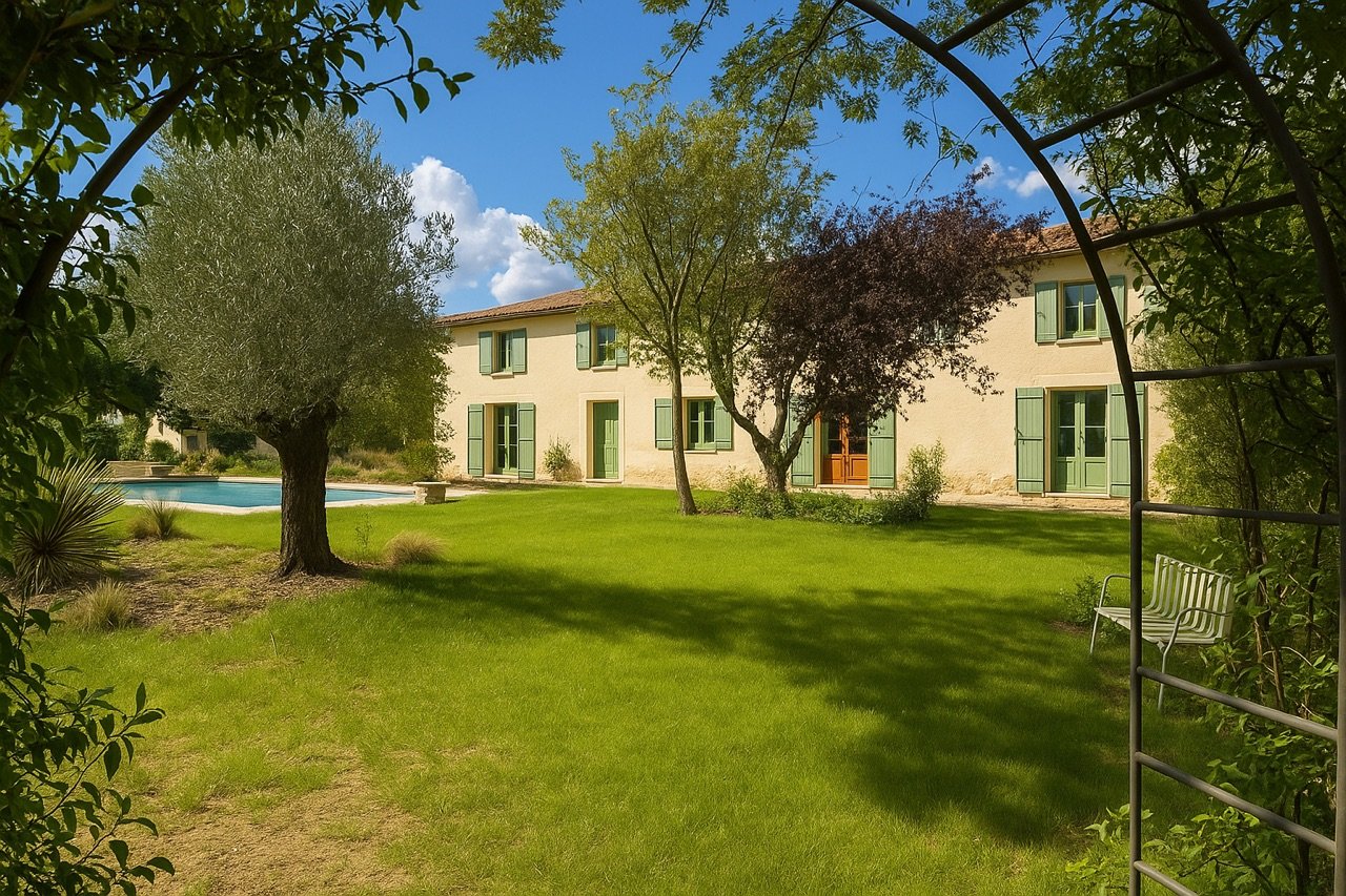 Maison traditionnelle avec fenêtres vertes, entourée d'arbres, avec une pelouse verte, une piscine et un banc à l'extérieur.
