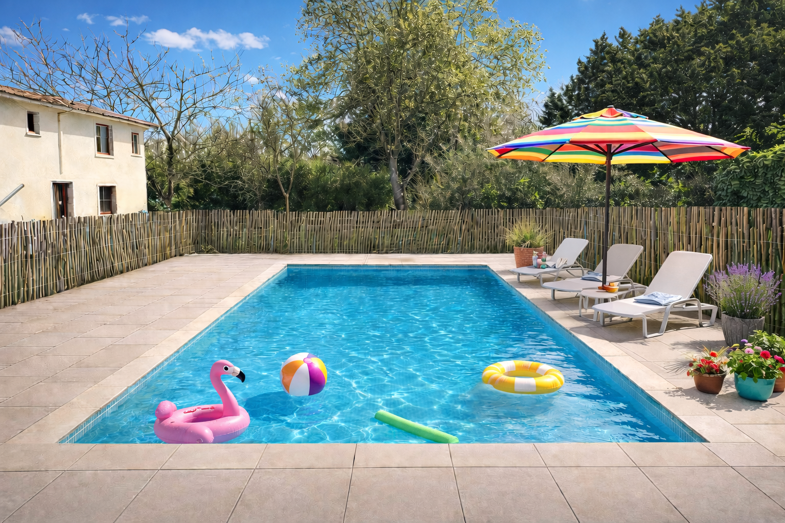 Piscine extérieure avec jouets gonflables, parasol coloré et chaises longues, entourée d'une clôture en bois et de plantes, sous un ciel bleu.