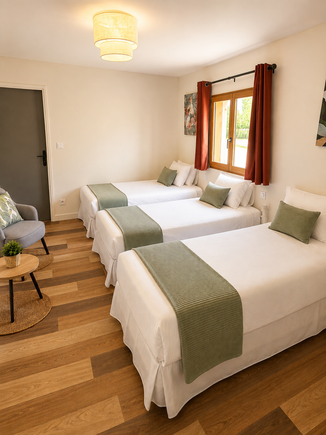 Chambre avec trois lits simples, lampes, tableau représentant un coucher de soleil sur des montagnes, fenêtre avec rideaux translucides laissant passer la lumière, porte métallique, chariot de service