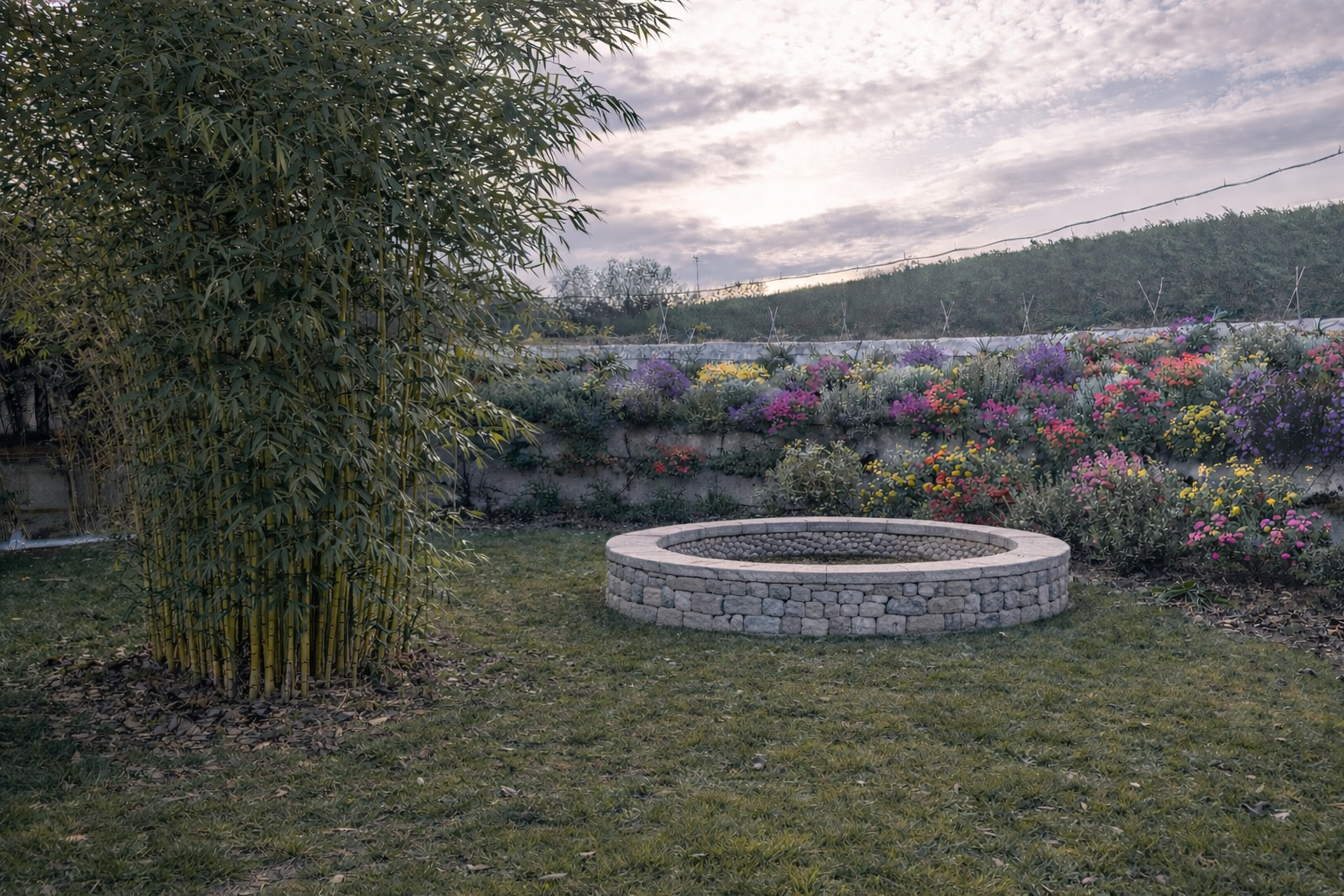 Un jardin avec un cercle en pierre, des arbustes et une haie de fleurs colorées, sous un ciel nuageux