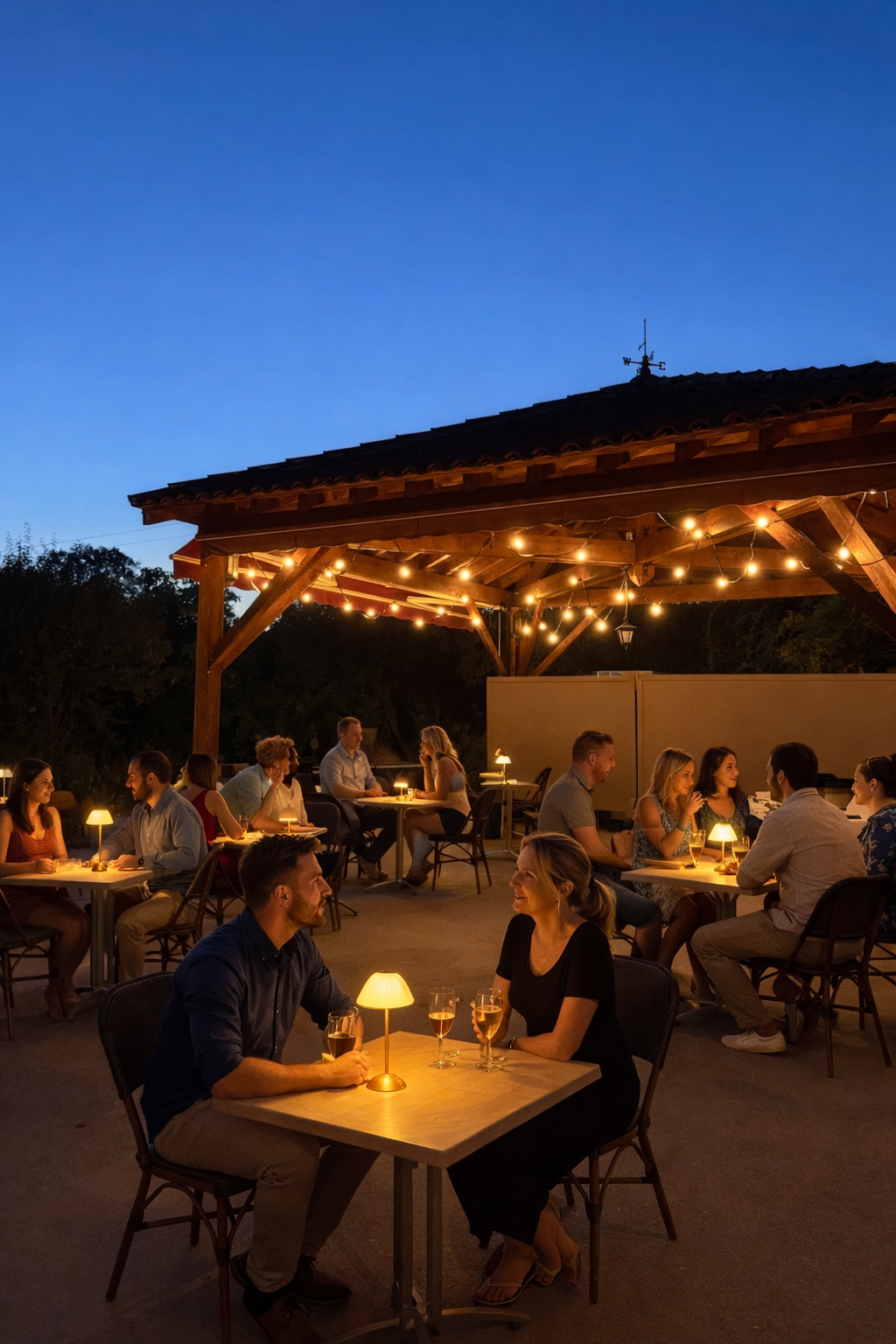 Groupe de personnes dîner en extérieur pendant la soirée, éclairé par des guirlandes lumineuses sous un toit en bois, ciel nocturne bleu en arrière-plan.