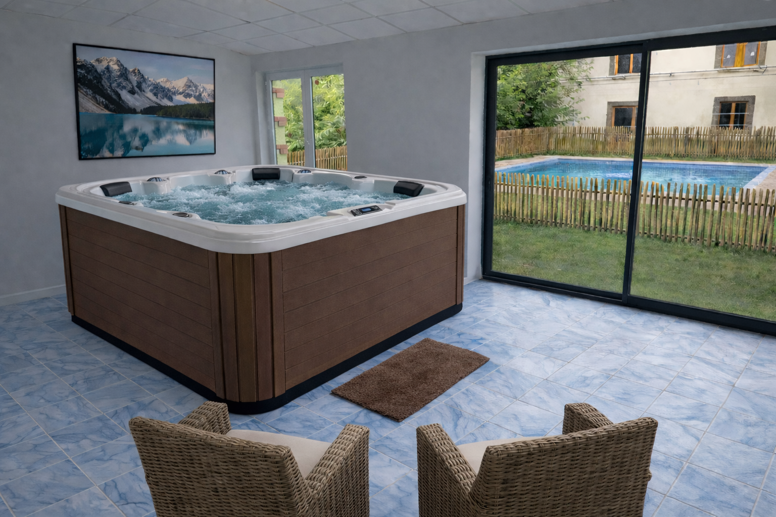 Spa ou jacuzzi intérieur avec vue sur une piscine extérieure via une grande vitre. Deux chaises en rotin devant le spa. Mur avec tableau représentant des montagnes et un lac.