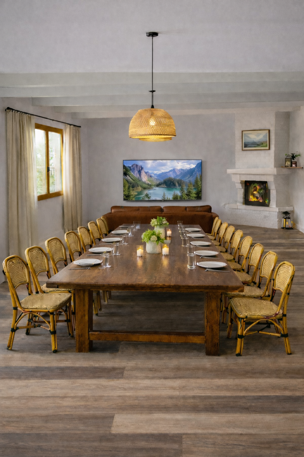 Salle à manger avec une grande table en bois, entourée de chaises en rotin, décorée de bougies et de vases de fleurs, avec une cheminée et un téléviseur à l'arrière, dans une pièce lumineuse avec des fenêtres et des peintures sur les murs.