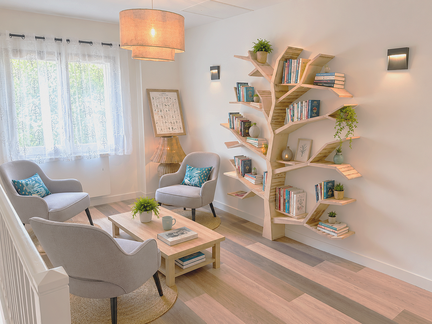 Salon moderne avec canapé gris, table basse ronde en bois, étagère en forme d'arbre avec des livres, et une vitre avec vue sur la nature.