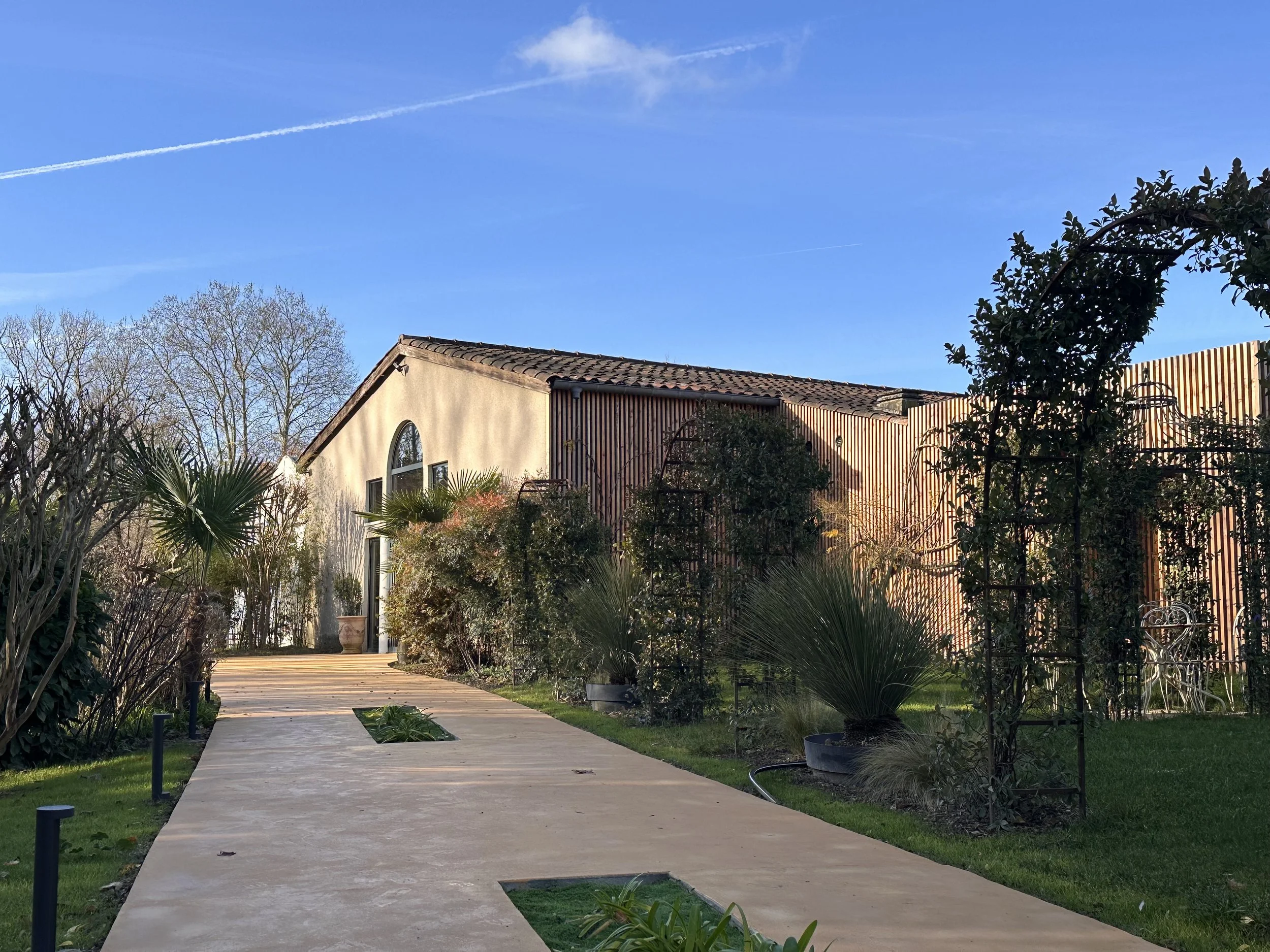 Chemin en béton menant à un bâtiment avec une cour bordée d'arbustes et de plantes, jardin bien entretenu, ciel clair.
