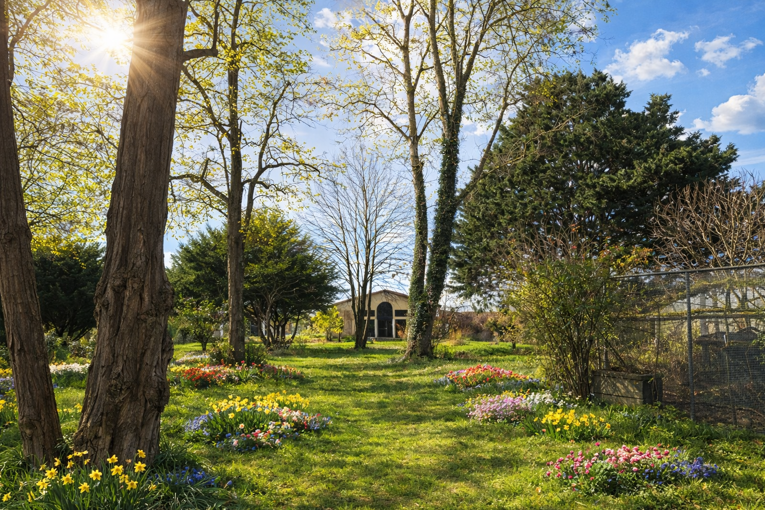 Jardin ensoleillé avec arbres, fleurs colorées, allée herbeuse, bâtiment en fond, ciel bleu avec nuages.