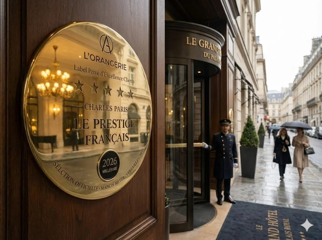 Un hôtel chic avec un employé en uniforme se tenant à la porte, et deux personnes avec parapluies marchant sur le trottoir pluvieux. Un grand signe en or indique la distinction de l'établissement.