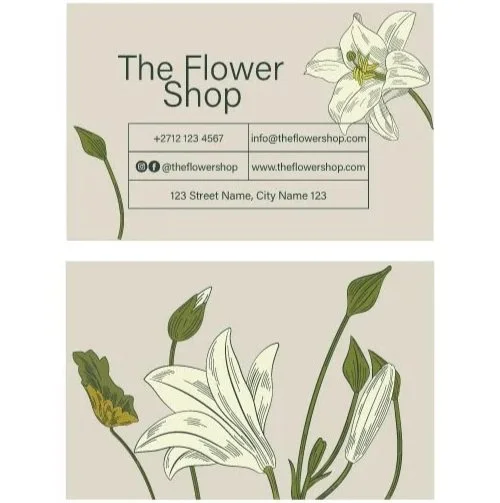 Business card for The Flower Shop with contact details and social media icons, decorated with illustrations of lilies and flower buds.