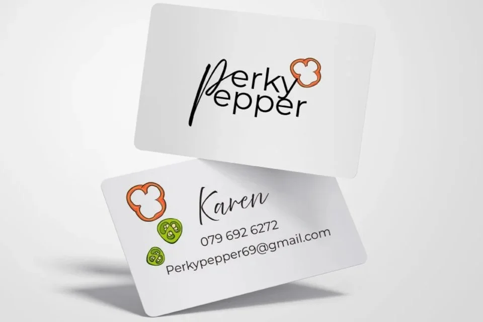 Business card for Perky Pepper featuring logo with a stylized red and white pepper icon on a white background, and the name Karen with contact information including phone number and email.
