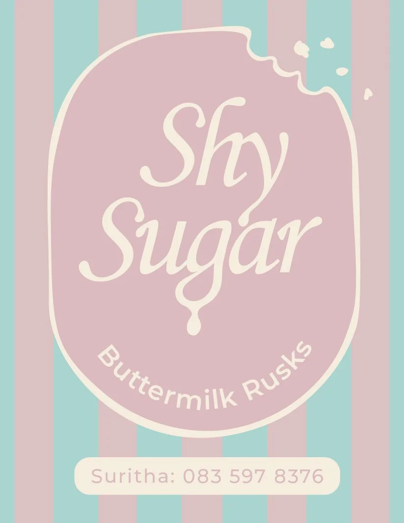 A pastel-colored packaging design for 'Shy Sugar', a buttermilk rusks product, with a pink and blue striped background, and a label featuring the product name and a contact number.