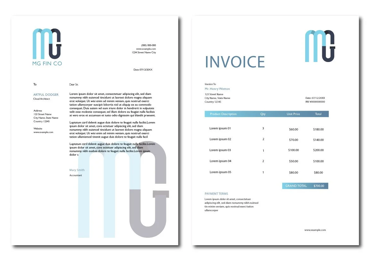 Two pages of a clean, professional invoice and letterhead template with a blue and black logo at the top. The invoice design for Accountants.