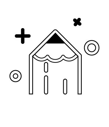 Outline drawing of a circus tent with bunting, surrounded by abstract shapes on a white background.