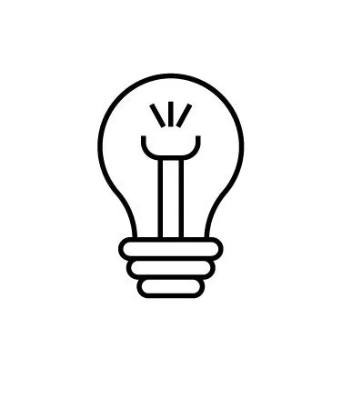 Line drawing of a light bulb with a happy face.