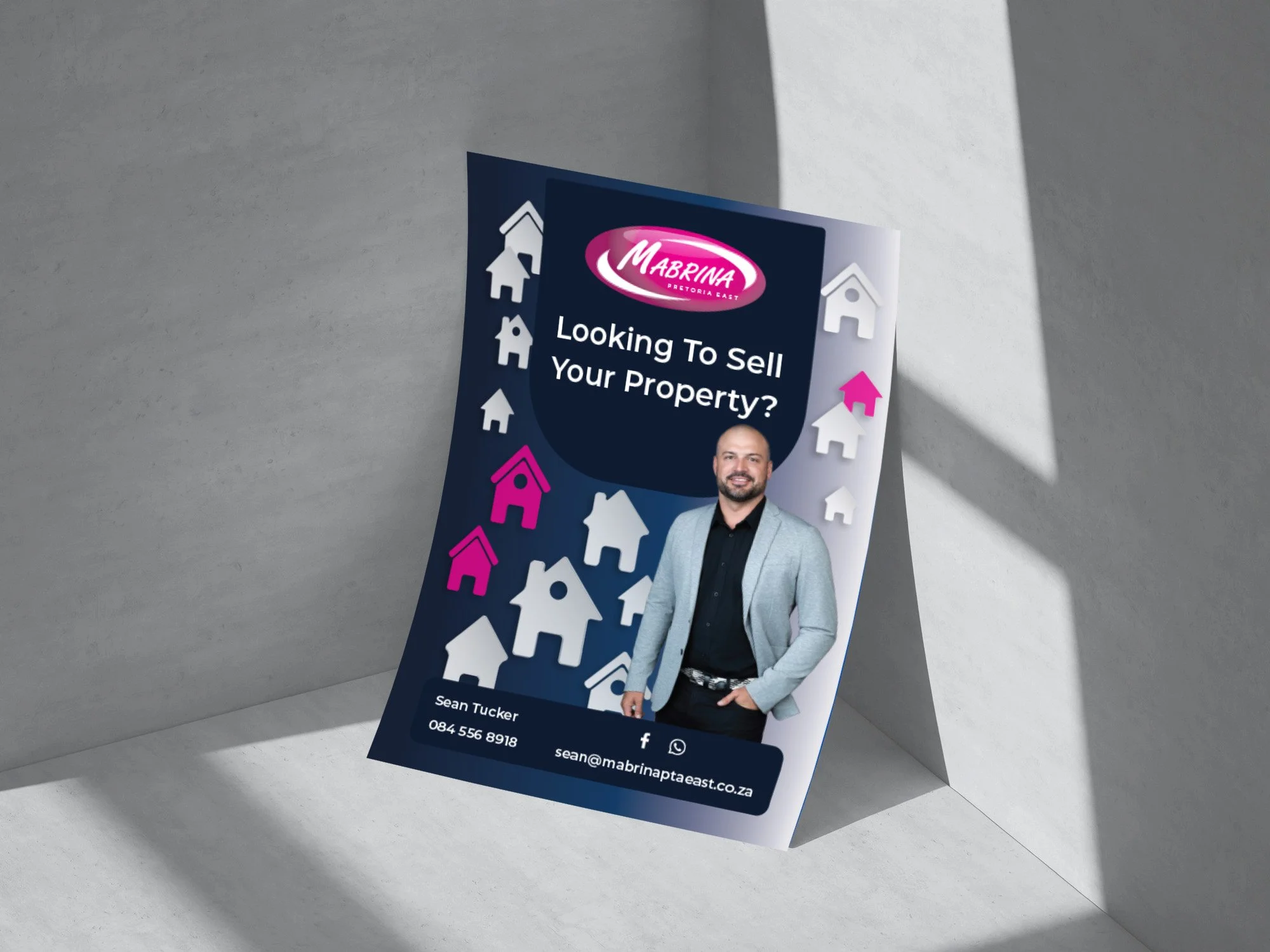 Real estate flyer featuring a man in a light gray blazer and black shirt, with text asking 'Looking to sell your property?' and contact information including a phone number, email address, and social media icons on a dark blue background with pink an