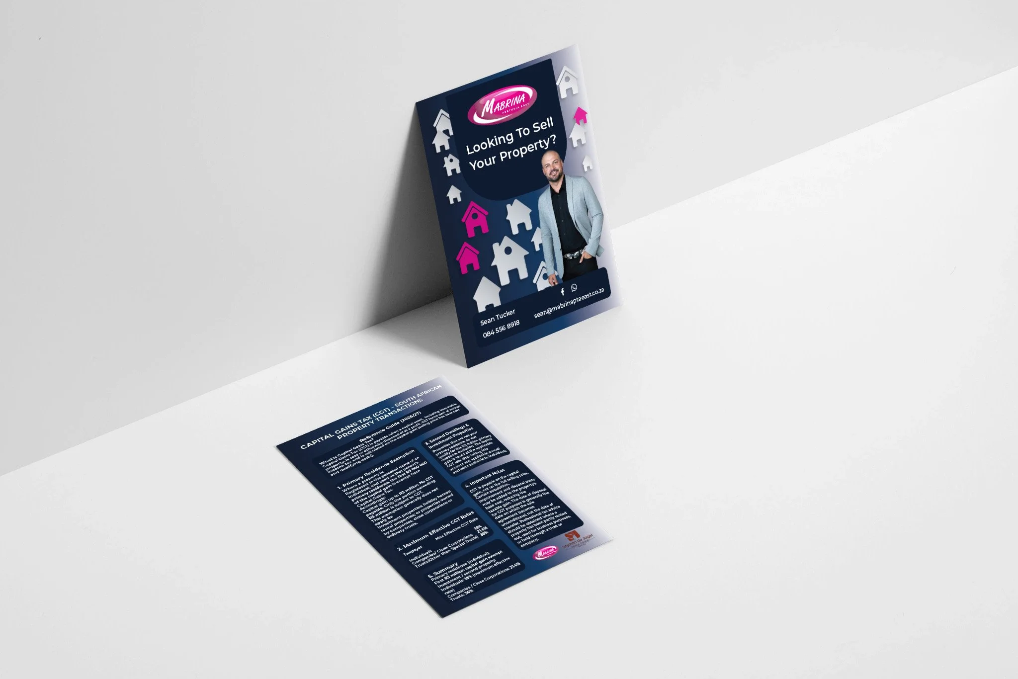 A vertical business flyer with a dark blue background and pink accents, featuring an image of a man in a light gray blazer, promoting real estate services. The flyer includes contact information, social media icons, and a headline asking if the viewe