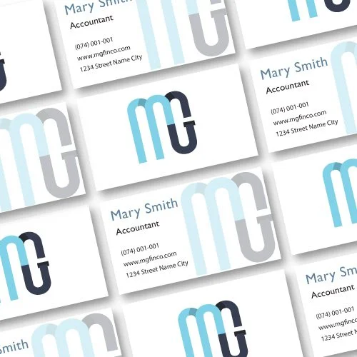 Branding of business cards displaying a blue and black logo, an accountant, and contact information including a phone number, website, and address.