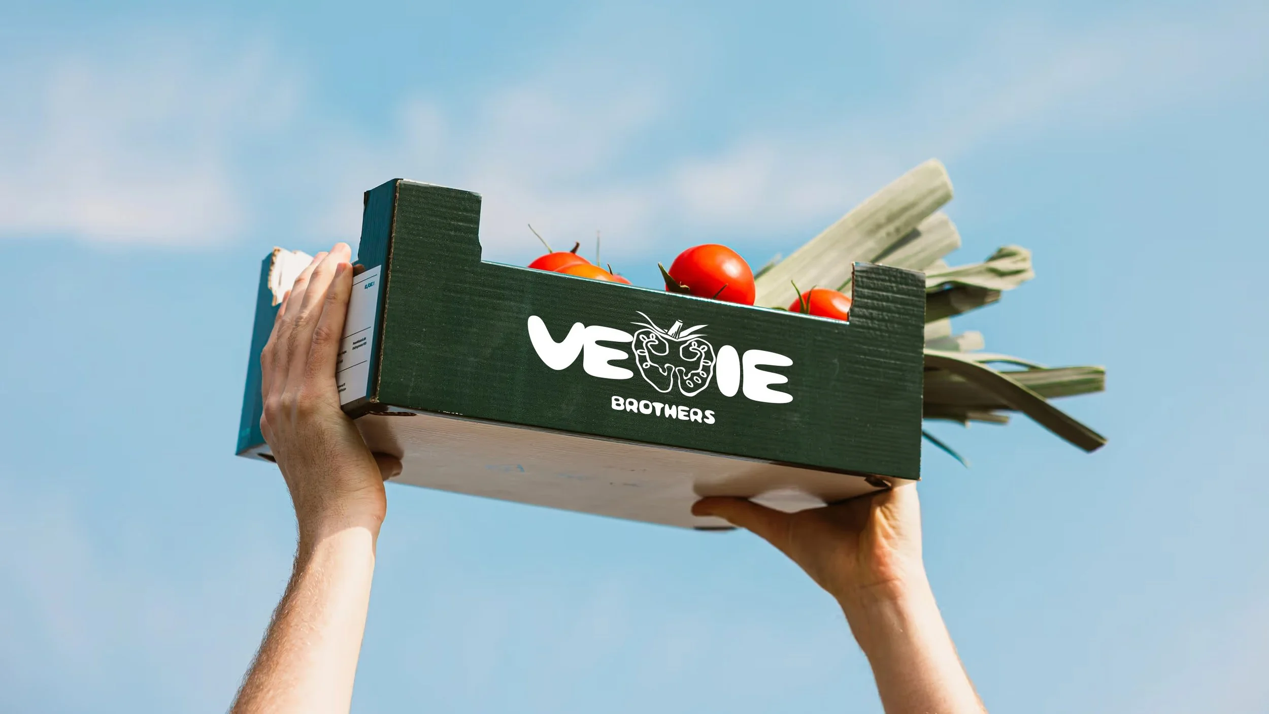 Person holding up a green cardboard box labeled "Veggie Brothers" with fresh tomatoes and leafy greens inside against a bright blue sky.