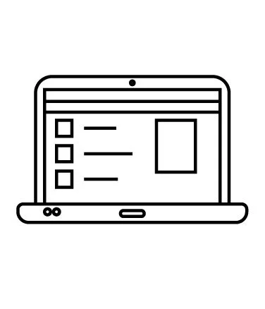 Line drawing of a laptop showing a webpage with checkboxes, lines of text, and a larger rectangular element.
