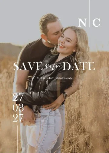 Graphic design of A couple embracing engagement with Save the Dates.