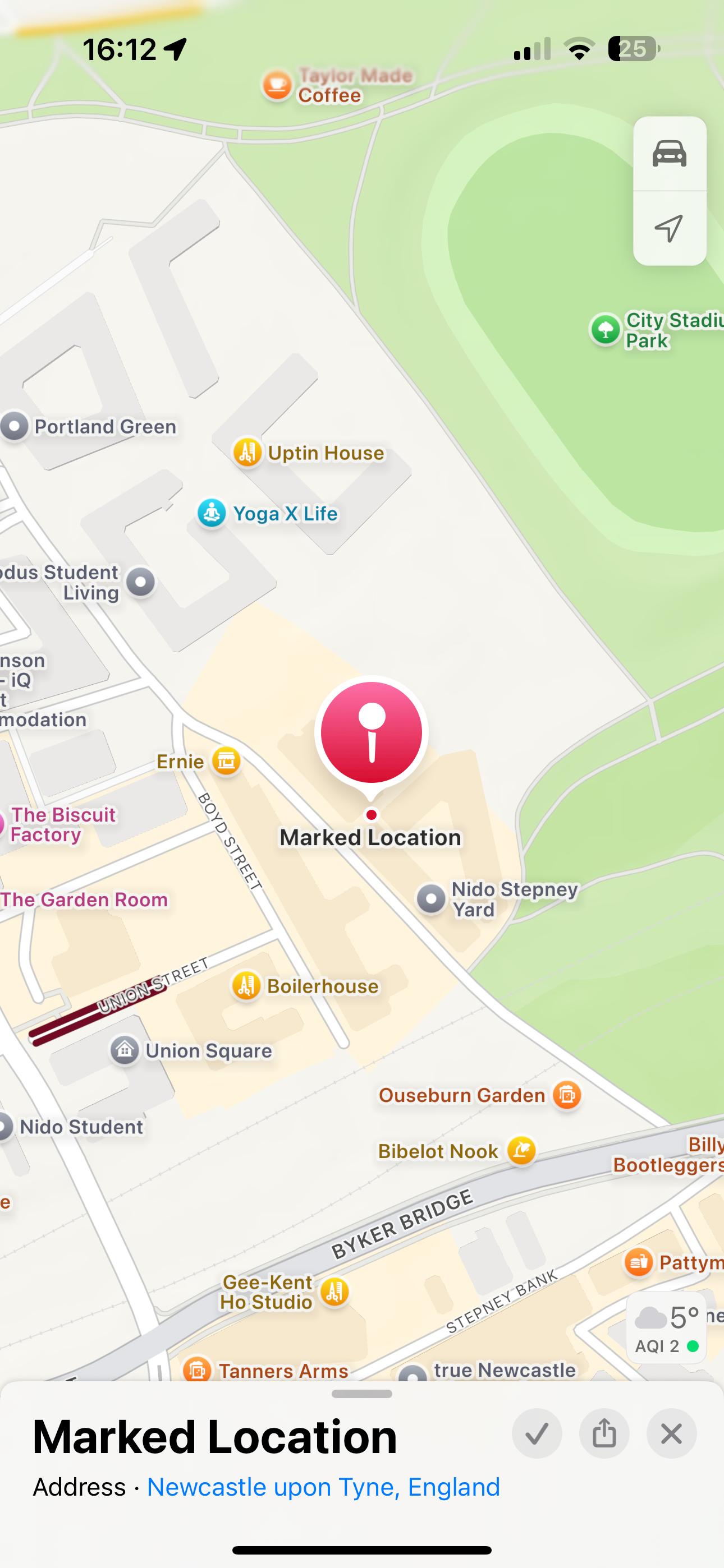 A digital map showing a marked location at Newcastle upon Tyne, England, with nearby landmarks including Union Square, Boilerhouse, The Biscuit Factory, and City Stadium Park.