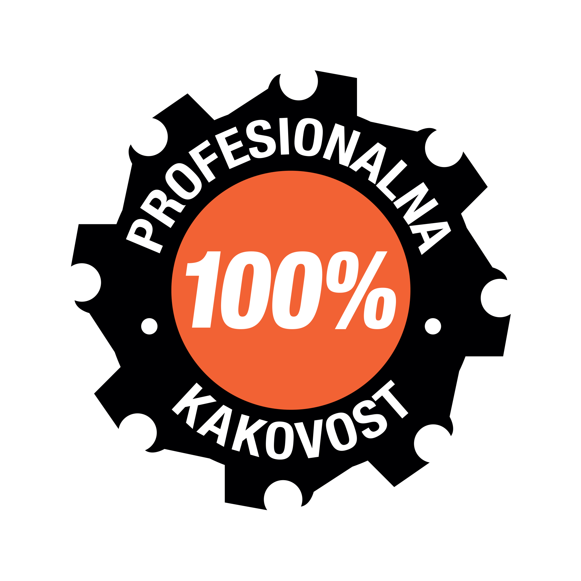 Okrogla grafična značka z napisom »100 % profesionalna kakovost«, ki poudarja profesionalni standard in vrhunsko kakovost izdelkov ECHO.