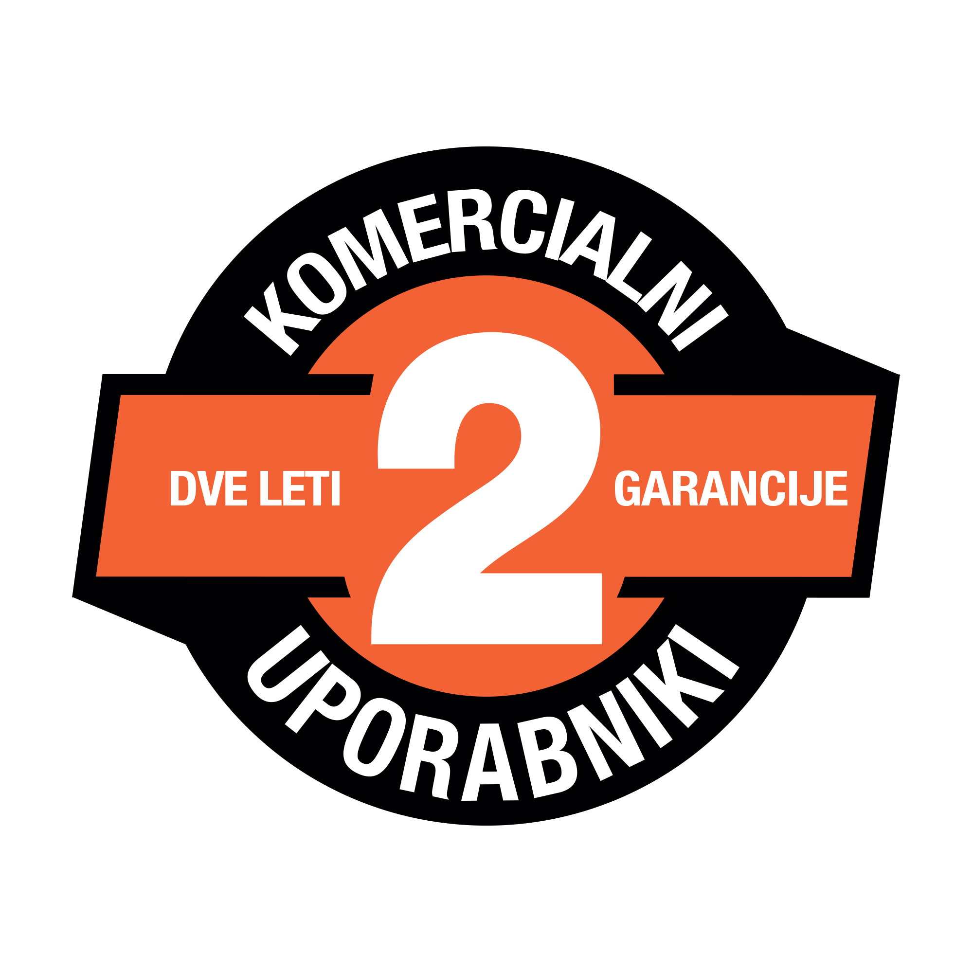 Grafična značka z napisom »2 leti garancije – komercialni uporabniki«, ki označuje dveletno garancijo ECHO za komercialno uporabo.
