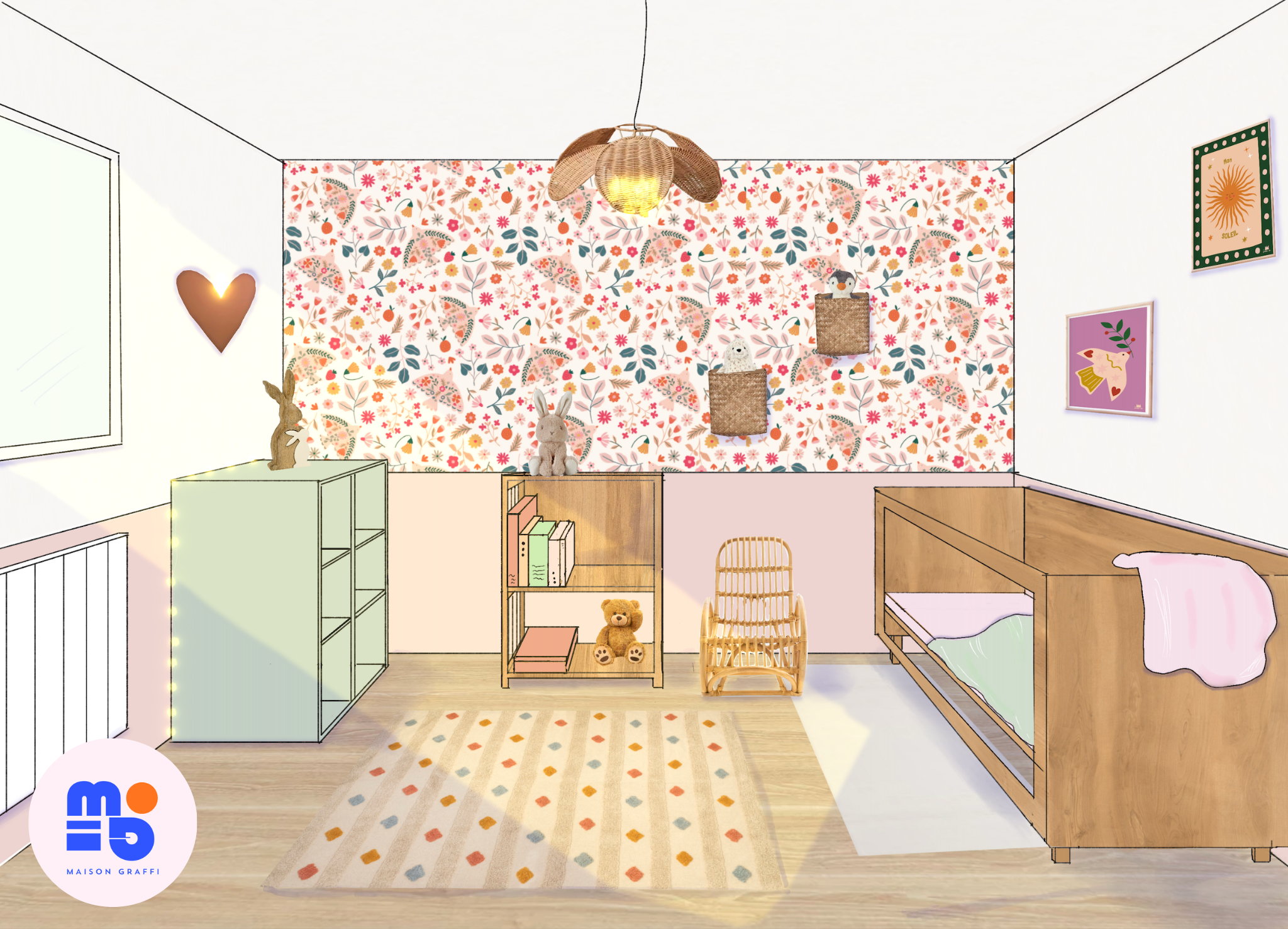 meuble écoresponsable vert bibliothèque chiné enfant fauteuil rotin seconde main lit bébé réemploi tapisserie oiseaux et fleurs soubassement peinture rose affiche oiseau affiche soleil panier osier mur avec doudou dedans tapis chaleureux lampe coeur