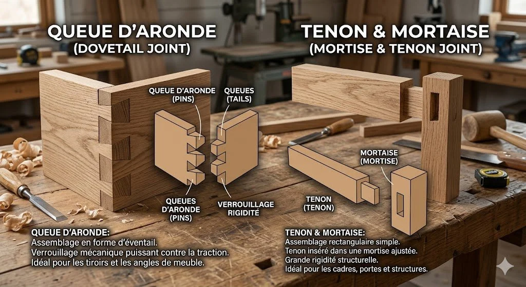 schéma et dessin explicatifs sur la différence entre un assemblage en queue d'aronde et un assemblage en tenon mortaise maison graffi