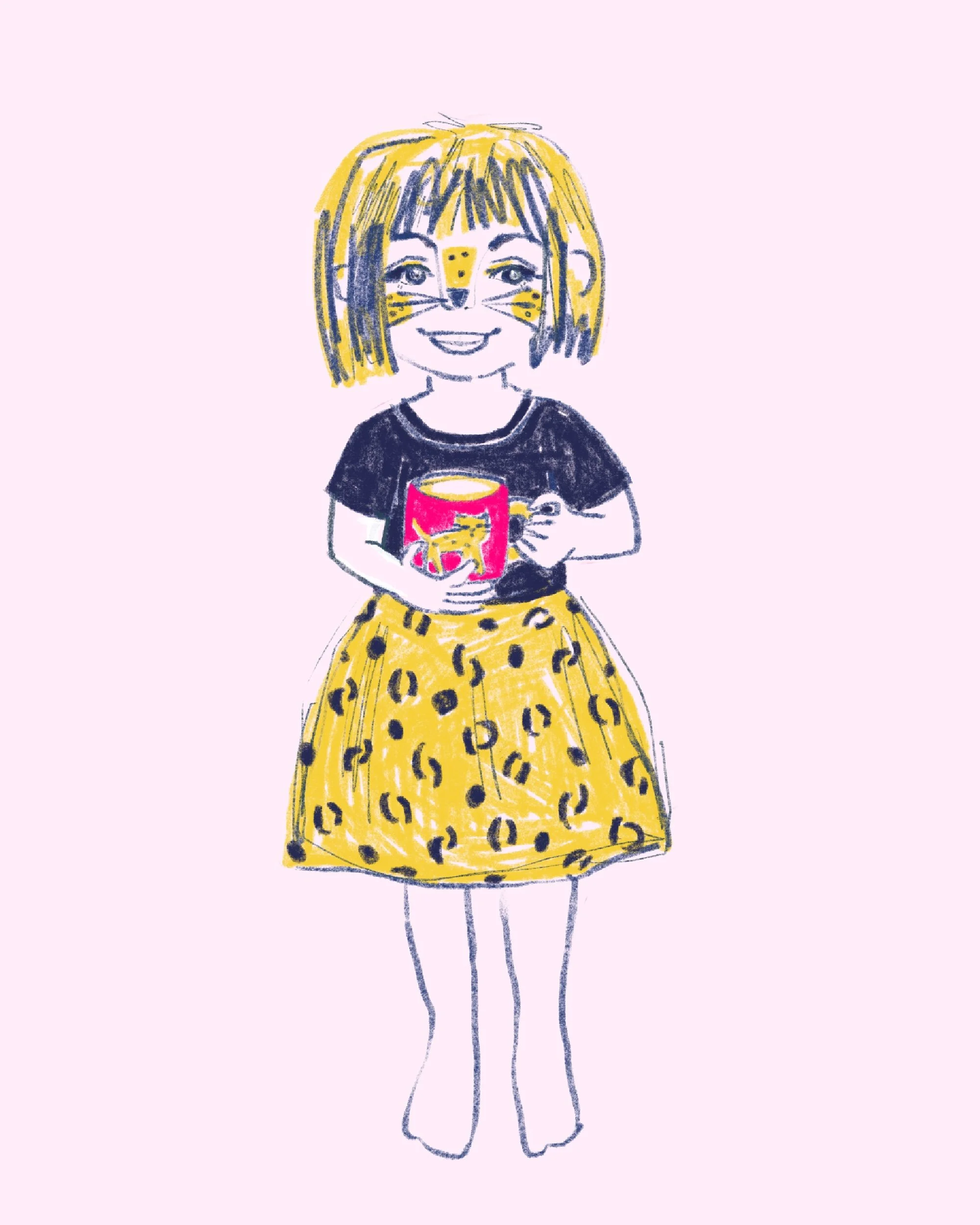Little girl with leopard face paint in a leopard print dress with a leopard mug.