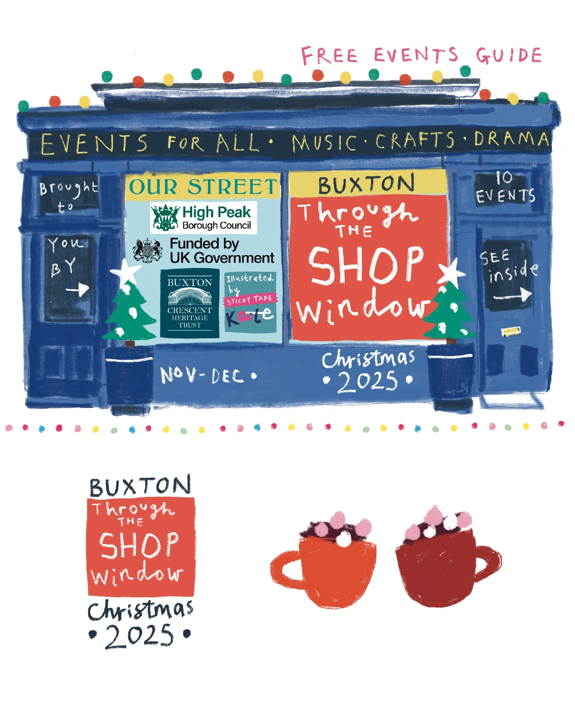 Logo's and hot chocolate motifs made for Buxton Through the Shop Window event and printed guide.