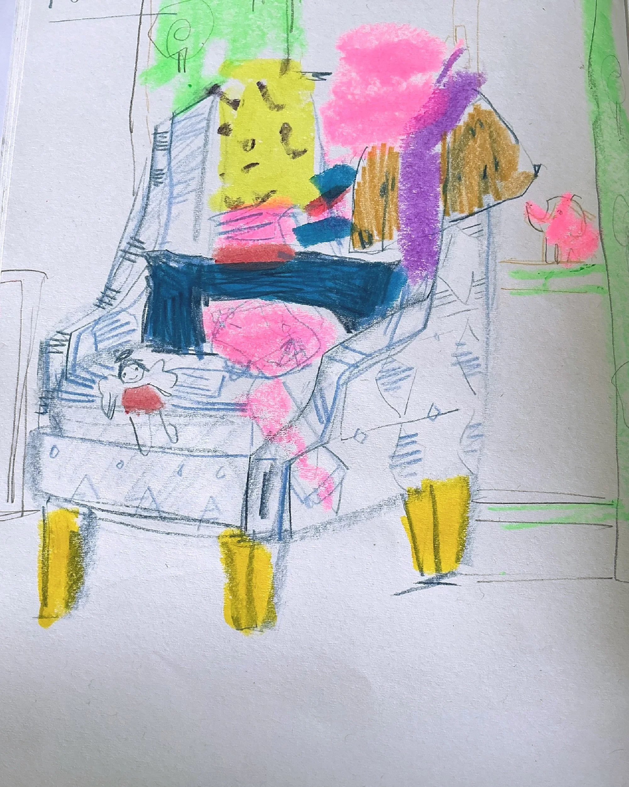 sketch book page illustration of chair with clothes piled on