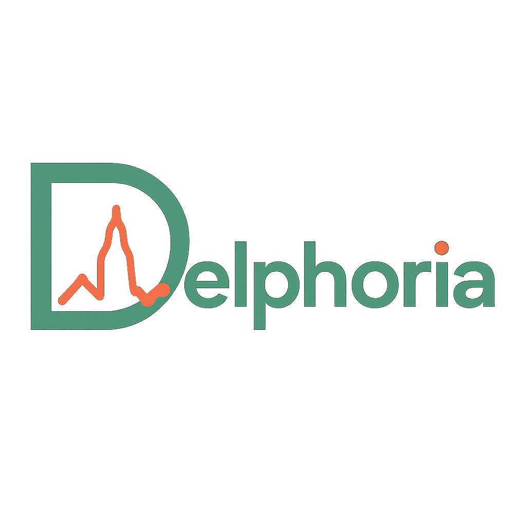 Logo with a stylized letter D and an upward trending graph inside the D, followed by the word "Delphoria" in teal and orange colors.
