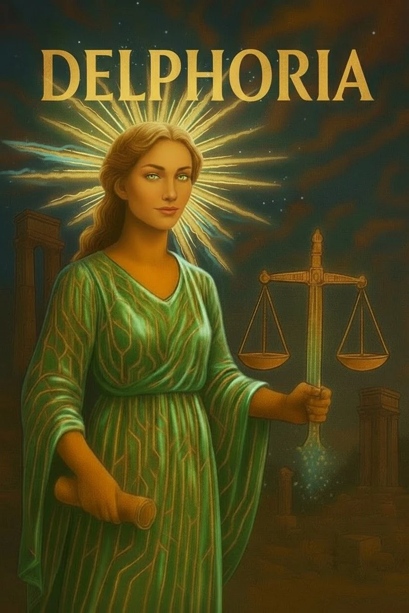 Illustration of Lady Justice with a glow behind her, holding a sword in one hand and a set of balanced scales in the other, with the word 'Delphoria' at the top.