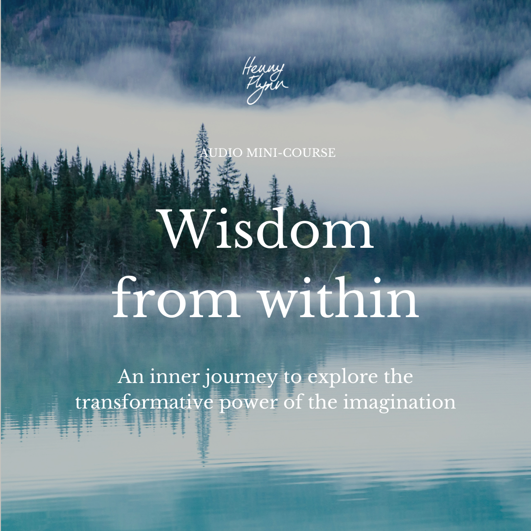 A serene image of a misty lake with a forest of pine trees in the background, promoting an audio mini-course titled 'Wisdom from within' by Henny Flynn.