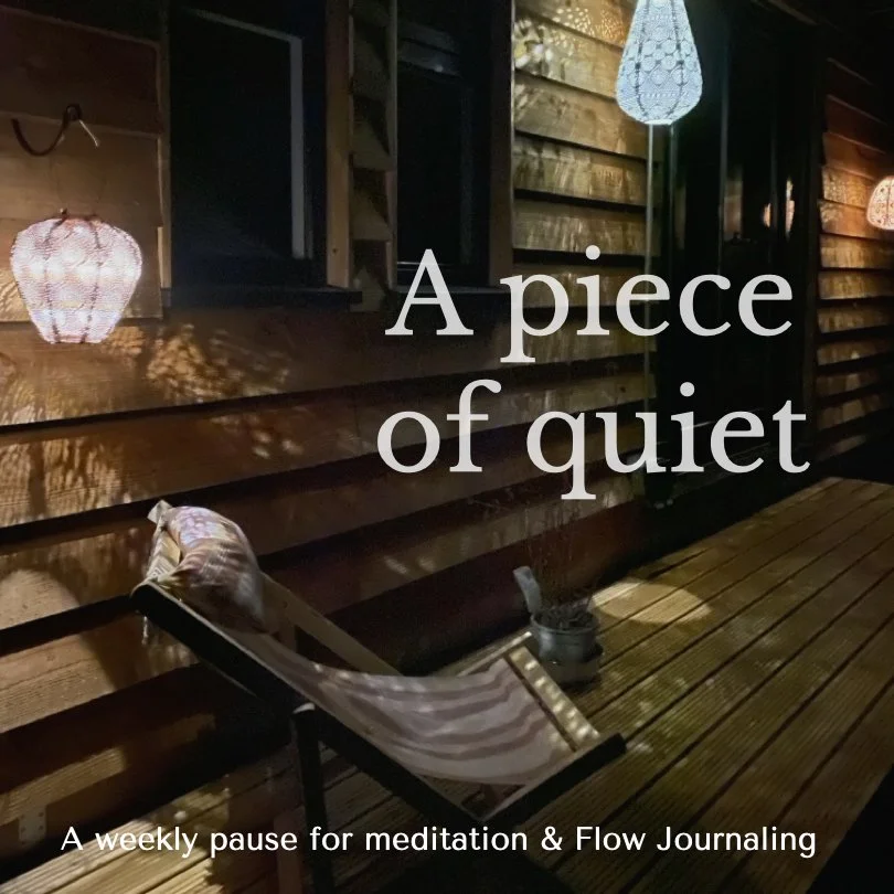 A porch with warm lighting, featuring decorative paper lanterns, a hammock, and wooden paneling, conveying a peaceful, quiet atmosphere suitable for meditation and flow journaling.